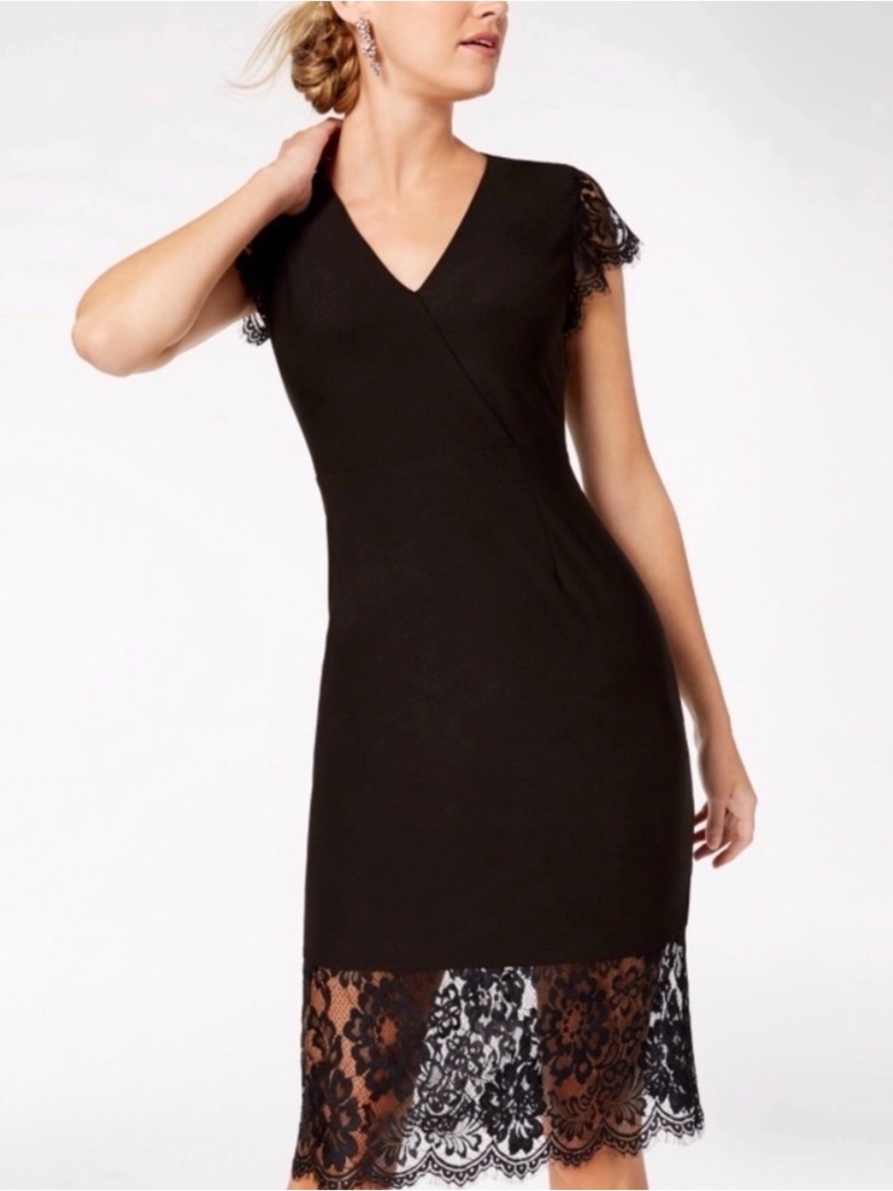 NWT Nanette Lepore Black V-Neck Midi Dress with Lace Trim